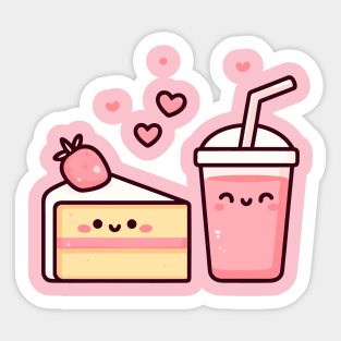 Kawaii Strawberry Lovers Design with Strawberry Cake and Milkshake | Cutesy Kawaii Sticker